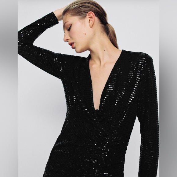 NWT Zara Black Sparkly Ruched Festive Party Dress - Picture 6 of 17